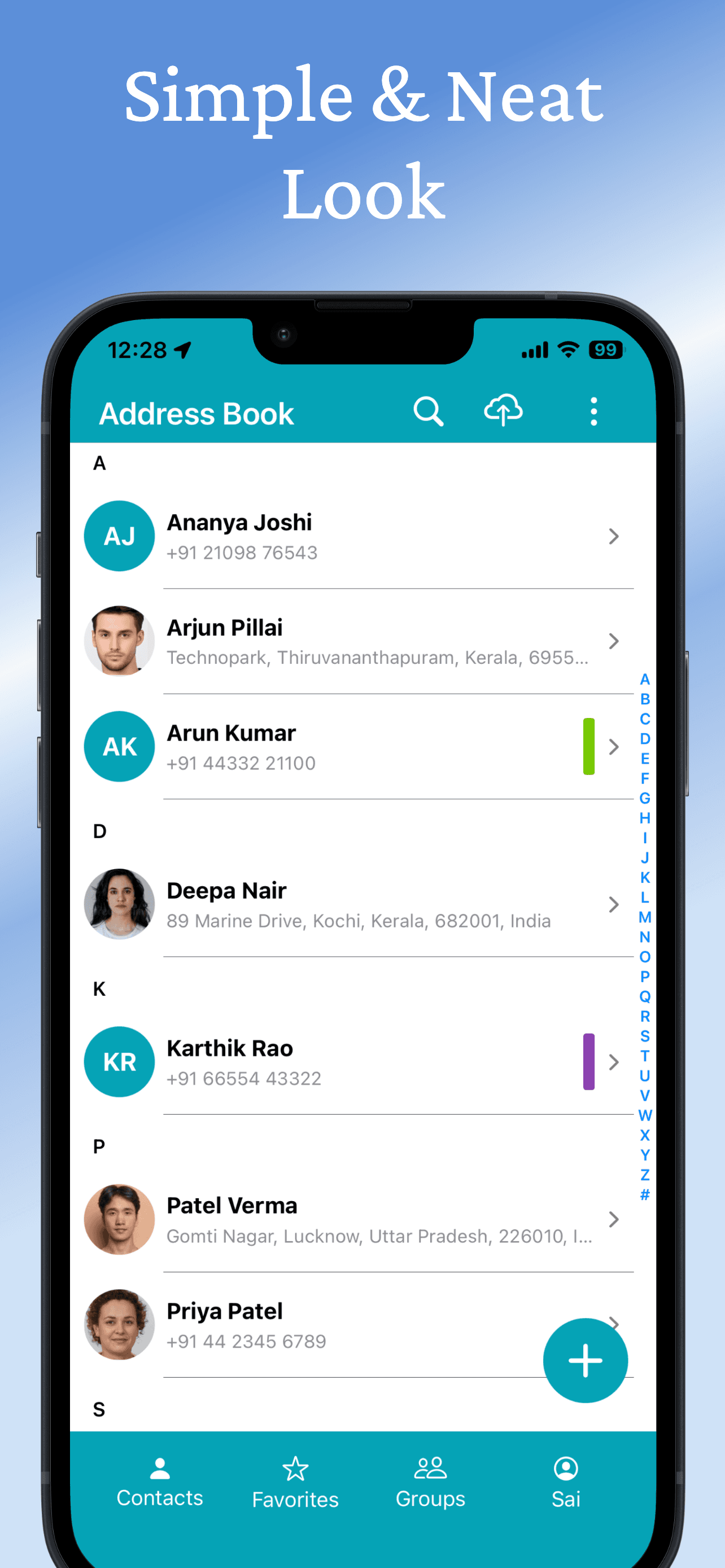 Address Book home screen showing contact list