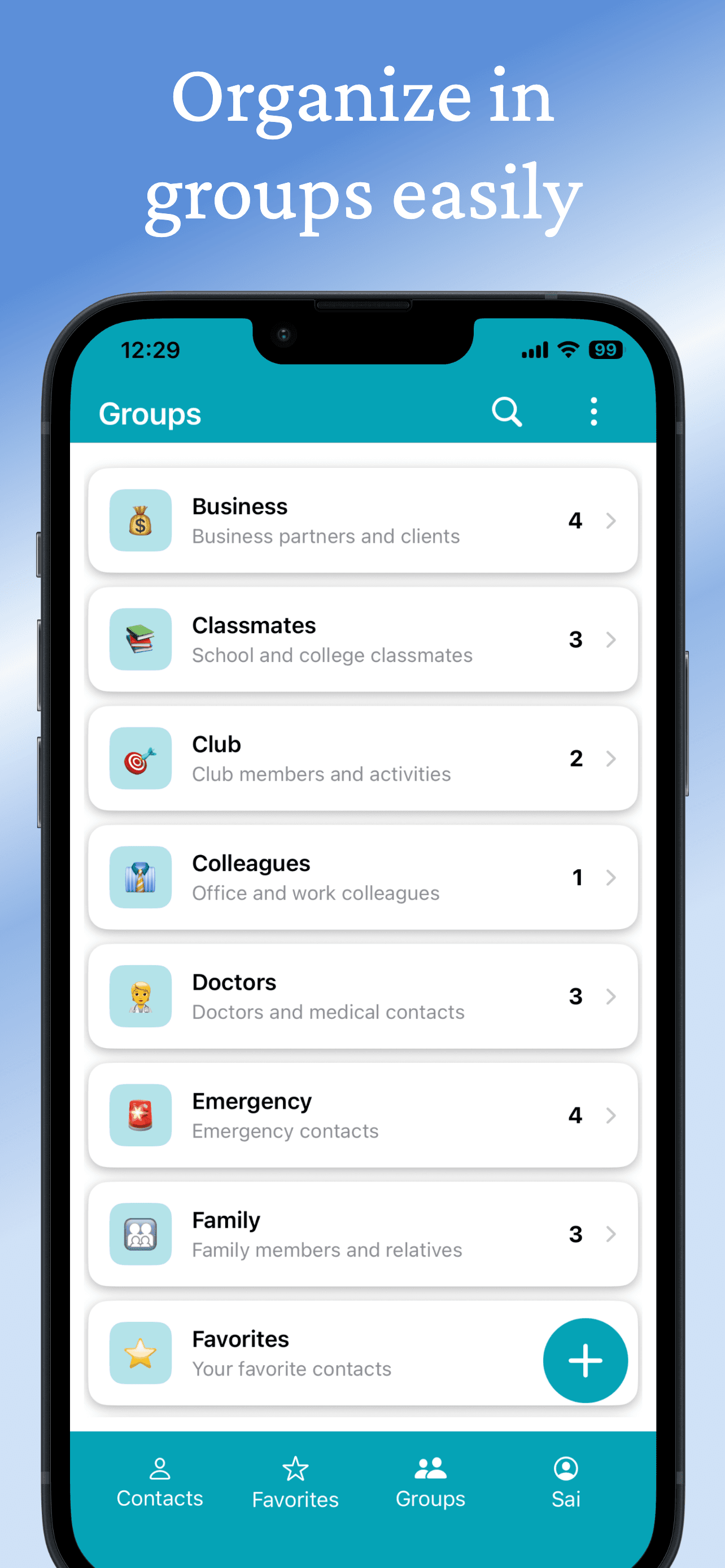 Groups screen showing Business, Classmates, Club, Doctors and more
