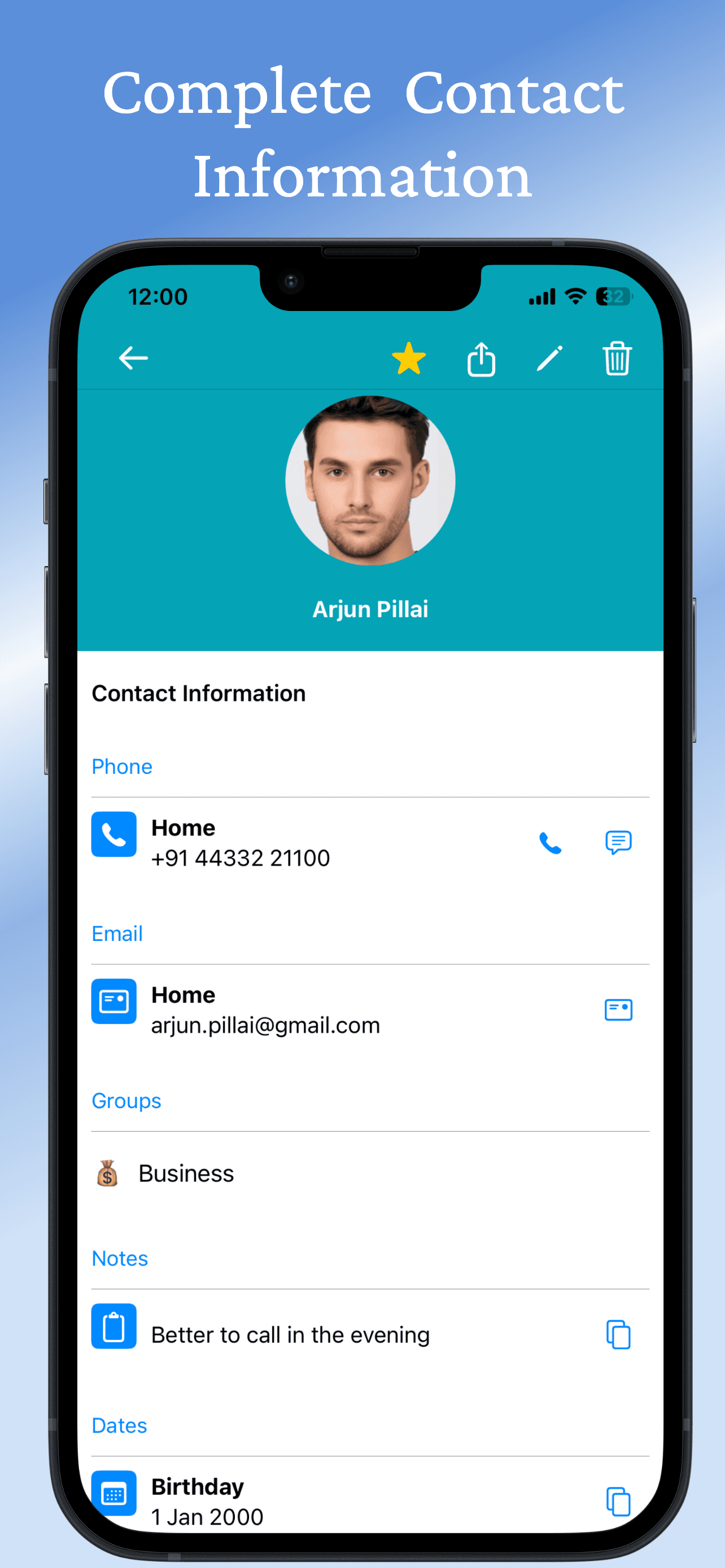Contact details screen with phone, email, groups, notes and birthday