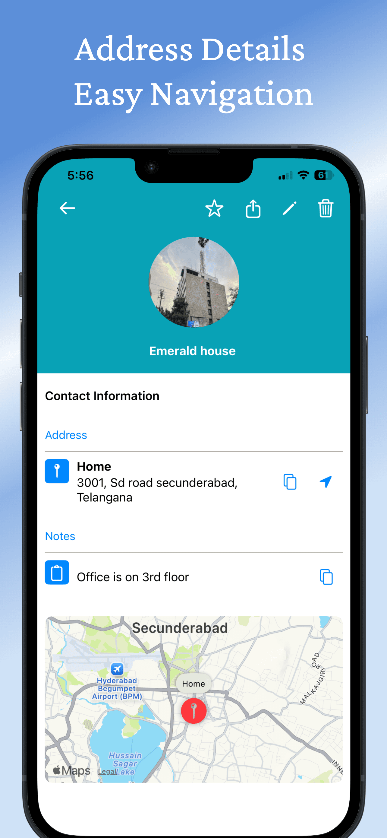 Contact with address and embedded map showing navigation