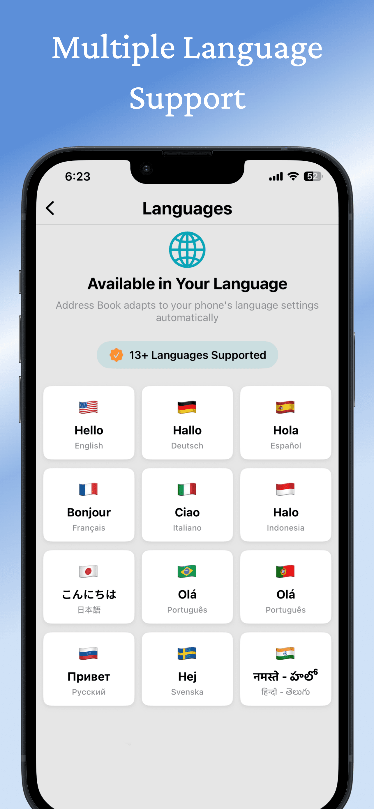 Languages screen showing 13+ supported languages