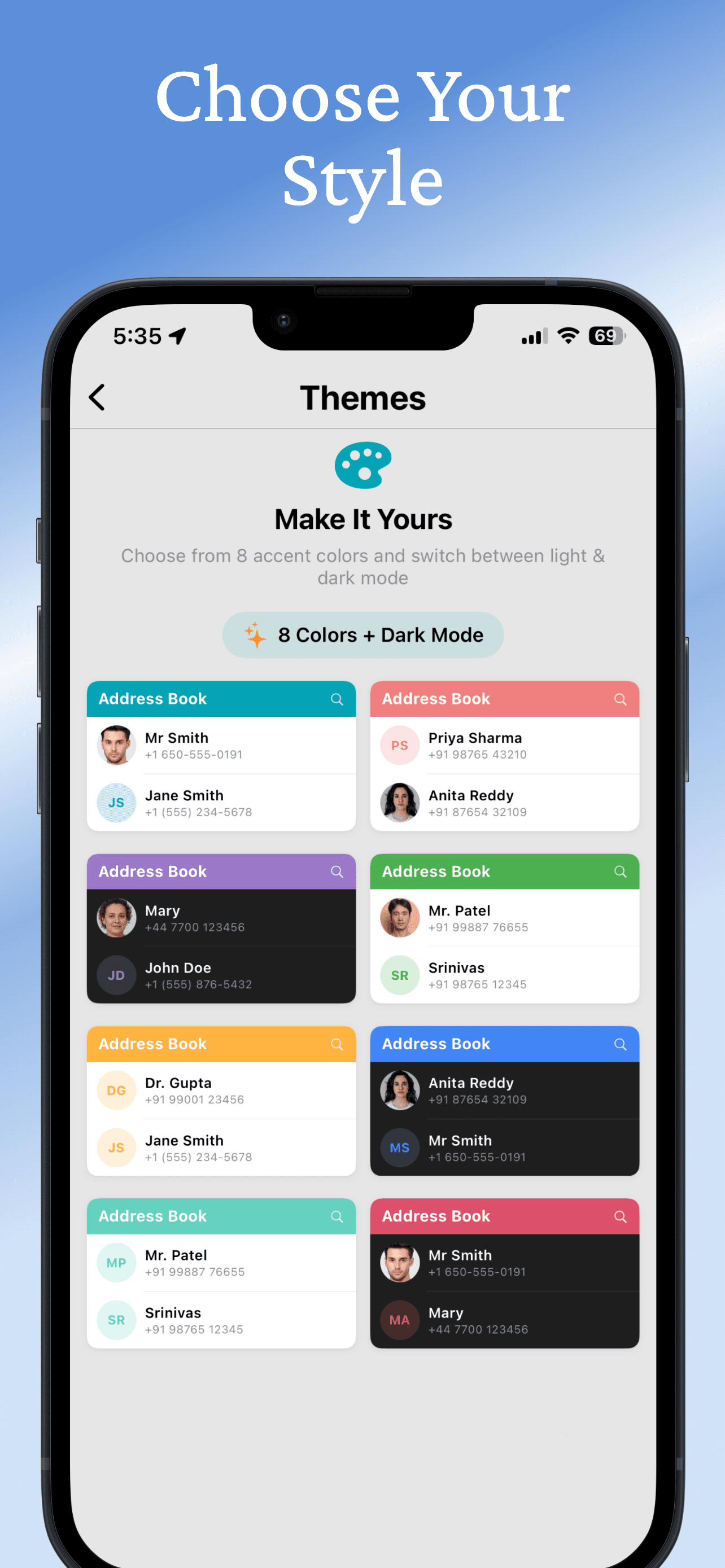 Theme picker with 8 accent colors and dark mode