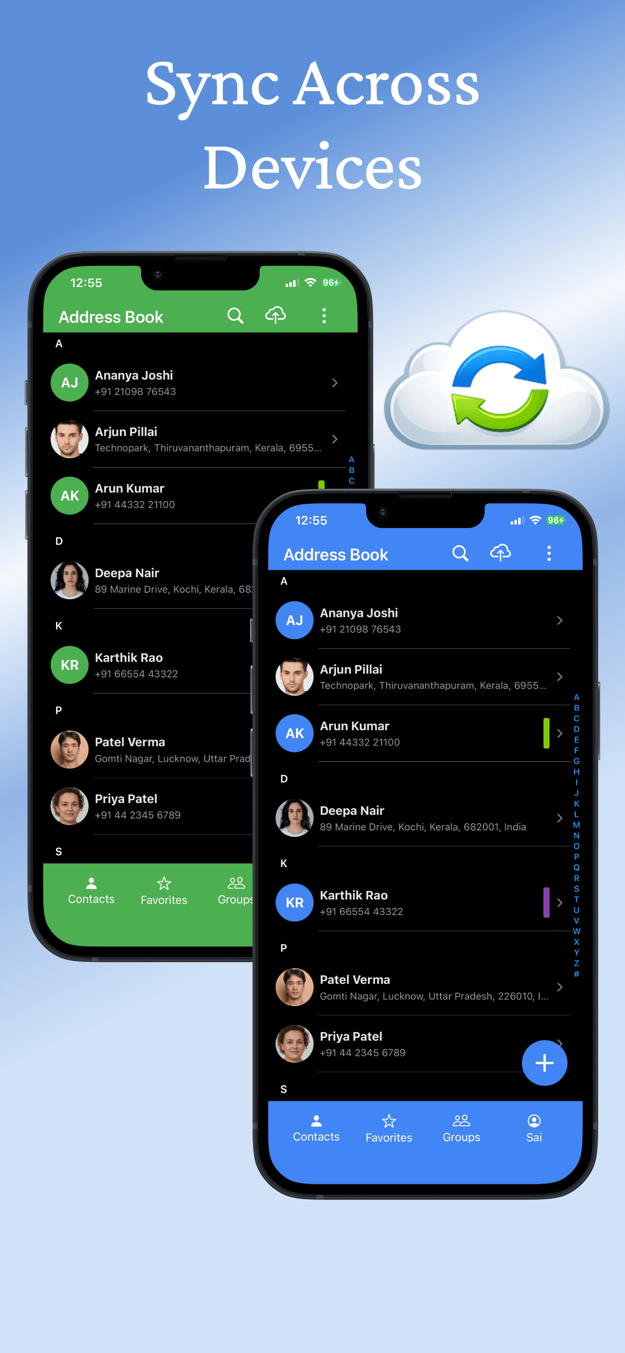 Two phones side-by-side showing synced contacts in light and dark mode